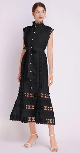 Image of LAI MENG FIVE CATS Women's Sleeveless Hollow Out Lace Button Up Casual Midi Party Dress with Belt