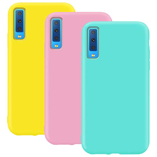 Misstars Silikon Hülle für Galaxy A7 2018, Ultra Dünn Matt Weich TPU Handyhülle im Candy Design Stoßfest Anti-Kratz Schutzhülle für Samsung Galaxy A7 2018 A750, Gelb+Rosa+Blau Cover