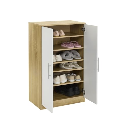 Meuble à Chaussures en chêne Sonoma avec Porte Blanche élégante – 2 Portes avec 5 étagères...
