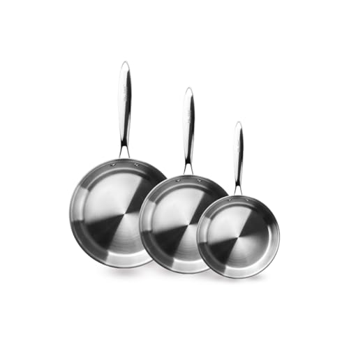 IBILI - Set de 3 Sartenes 20-24 - 26 cms, tricapa triply Natural, Acero inoxidable, Apto para induccion, sin antiadherente, Juego de 3 sartenes