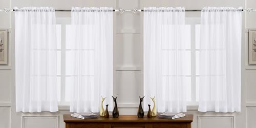 Image of White Sheer Tulle Curtains - 4 Panel Sets, 63 Inch Long, Rod Pocket, for Bedroom & Living Room, 52 W x 63 L
