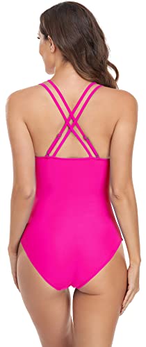 Bellecarrie Women's One Piece Swimsuits Tummy Control Bathing Suit V-Neck Cross Back Sexy Swimwear, Hot Pink, L #TOP4