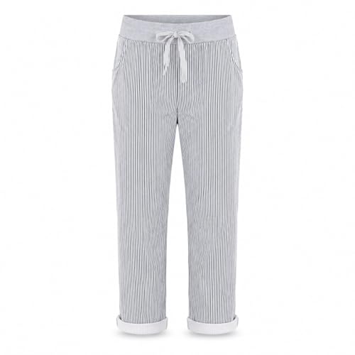FAIRY BOUTIQUE Womens Trousers Italian Floral Print Ladies Elasticated Waist Drawstring Turn Up Cuffed Trousers Casual Summer Stretch Tapered Trousers Pants (Thin Stripe Navy 10-14)