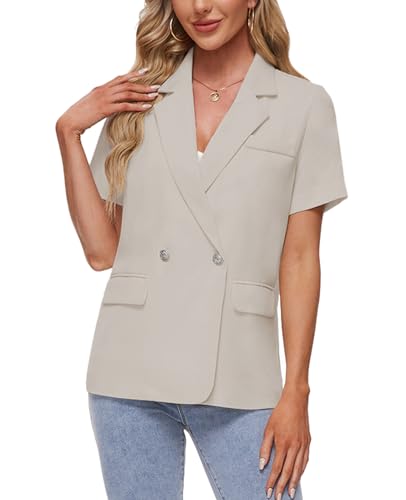 MINTLIMIT Womens Casual Blazers Notch Lapel Short Sleeve Button Front Blazer Jacket Suits Tailored Workwear,Apricot,XL4