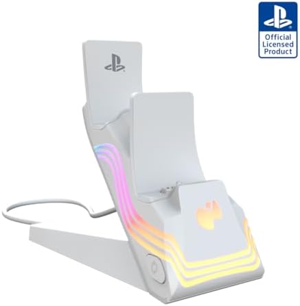 PDP Afterglow Wave LED Dual Gaming Charger for 2 PlayStation 5 DualSense Controllers, Compatible with PS5 and PS4, Customizable RGB Lighting Effects – White