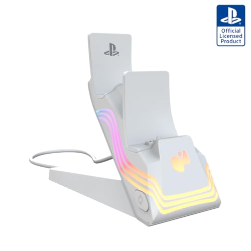 Image of PDP Afterglow Wave Dual Charger for PS5, PS4, PlayStation Controllers | Customizable RGB Lighting, Charges 2 DualSense Controllers, Rechargeable 40-Hr Battery, Licensed for PlayStation 5 & 4, White