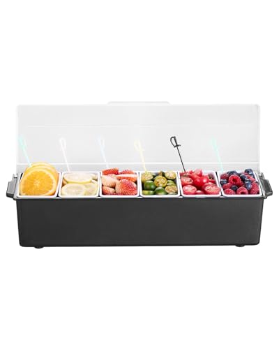 VEVOR Chilled Condiment Server, 6 Compartment Ice Cooled Condiment Serving Container, Chilled Garnish Tray Bar Caddy with Lid, for Bartending & Serving Taco, Salad, Fruit, Home & Restaurant Supplies