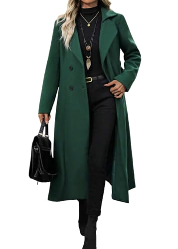 shownicer Wollmantel Damen Lang Übergangsmantel Revers Wintermantel Zweireihiger Trenchcoat Warm Mantel A Grün M