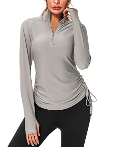 Terecey Damen Sportshirt Slim fit Atmungsaktiv Laufshirt mit Daumenloch Langarmshirts Sport Shirt Schnelltrocknend Funktionsshirt Running Shirt Reißverschluss Cover