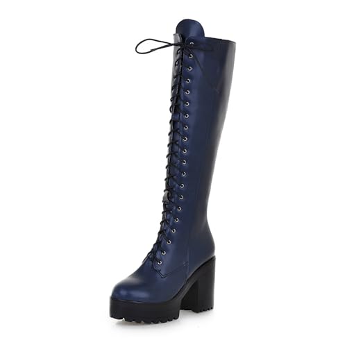 VACSAX Damen Kniehohe Stiefel Runder Zeh Seitlichem Reißverschluss Lange Schlauchstiefel Reitstiefel,Blau,38 EU