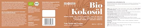 Kokosöl Bio Monte Nativo (200ml) - Coconut Oil - Kokosnussöl in Rohkostqualität - Reines Kokosfett - Bio Kokosöl nativ kaltgepresst zum Kochen, Braten und Backen, für die Haare, Zähne und Haut