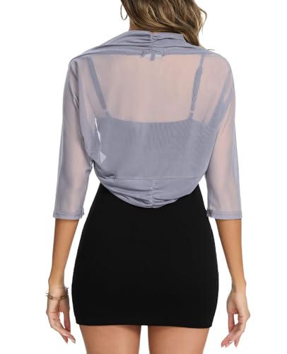 Image of MINTLIMIT Women's Elegant Sheer Mesh Shrug Bolero Batwing 3 /4 Sleeve Open Front Cropped Cardigan Shrugs for Evening Dress