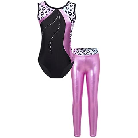 Sywiyi Kids Girls Printed Sleeveless Patchwork Dance Gymnastics Leotard with Metallic Mid Waist Leggings Pants Set Pink 5-6 Years Cover