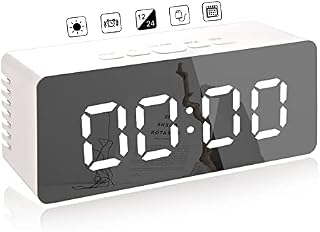 KENIY Creative Digital Mirror Alarm, LED Bedside Clock with Temperature, Snooze,voice Control Makeup Mirror Adjustable Brightness LED Carousel Clock Dual Purpose USB Port Battery Powered Alarm Clock