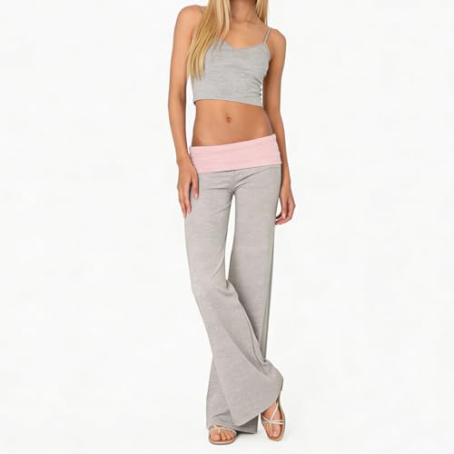 Image of Lounge Yoga Pants for Women Fold Over Low Waist Wide Leg Bell Bottoms | Y2K Foldover Pants, Flare Leggings, Low Rise Yoga Sweatpants
