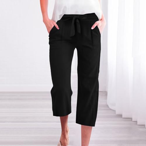 Linen Capris for Women Plus Size Paperbag High Waisted Crop Wide Leg Pants with Tie Summer Gaucho Pants Beach Outfits2