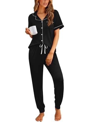 Ekouaer Women Pajama Set Short Sleeve Button Down Pjs Soft Comfy Sleepwear Nightwear with Jogger Pants Black M