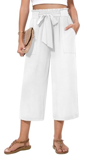 Womens Wide Leg Capri Pants Summer High Waisted Pants Drawstring Casual Loose Trousers with Pockets3