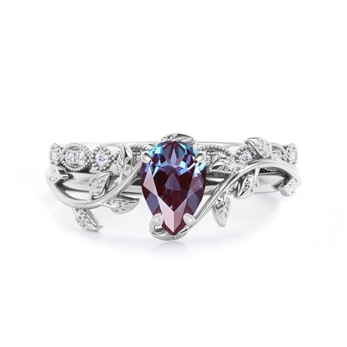 10K 14K 18K Solid Gold Pear Cut Gemstone Leaf Rings Set for Women 1 Carat Gemstone Art Deco Twig Leaf Promise Engagement Ring Unique Bridal Wedding Ring Set for Her