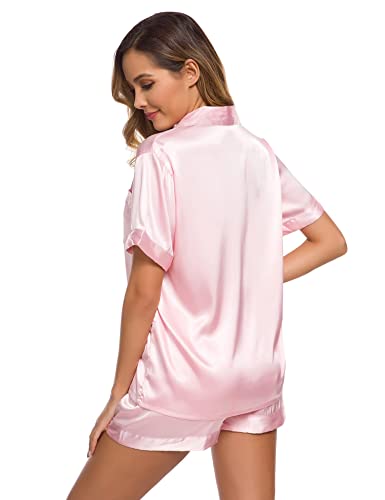 Image of SWOMOG Womens Silk Satin Pajamas Set Short Sleeve Sleepwear Button Down Top and Shorts Loungewear 2 Piece Pjs Set XS-3XL