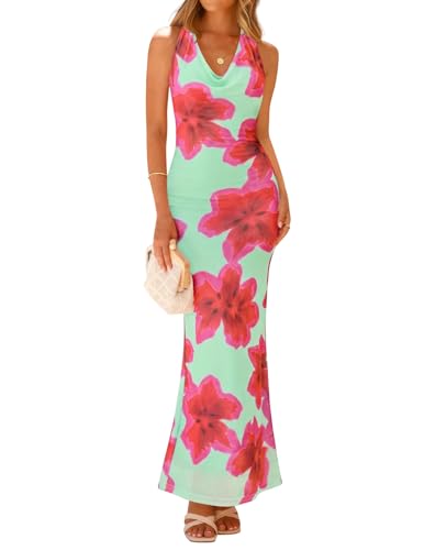 Image of ZESICA Women's Summer Floral Halter Neck Sleeveless Maxi Dress