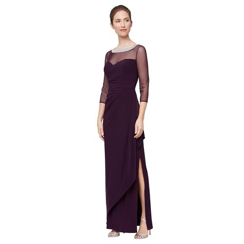 Alex Evenings Women's Long Matte Jersey Mother of The Bride Dress with 3/4 Illusion Sleeves (Petite and Regular Sizes)