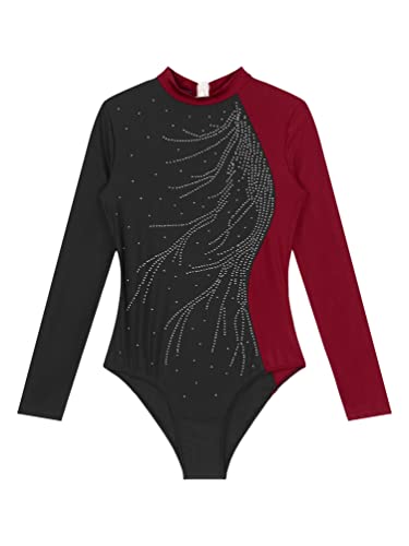 Dpois Womens Gymnastics Leotards Long Sleeve Shiny Dance Ballet Performance Unitards Bodysuit Top Dancewear Burgundy Medium #TOP4