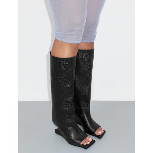 Open Toe Knee High Boots for Women Square Peep Toe Wedges Slouchy Tall Boot Pull On High Heel Wide Calf Boots2