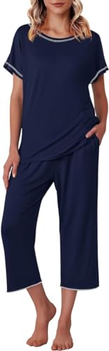 Ekouaer Womens Capri Pajama Sets Print Short Sleeve Sleepwear Top and Capri Pants Soft Loungewear with Pocket Navy Blue XXL
