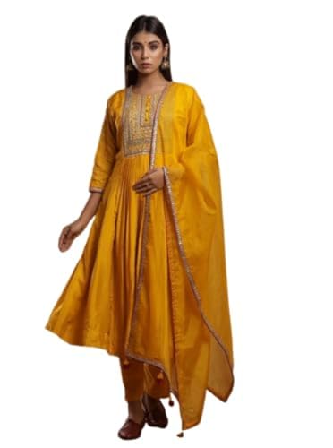 Kurti en pure soie Chanderi brodé ensemble 3 pièces jaune moutarde taille XL