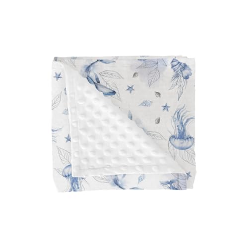 Image of Boho Sea Whale Baby Blanket for Girl Boy Blue Maritime Whales Jellyfish Shells Leaves Soft Mink Dotted Backing Double Layer Swaddle Blanket Ocean Animal Bed Throws for Newborn Toddler Crib 30x40