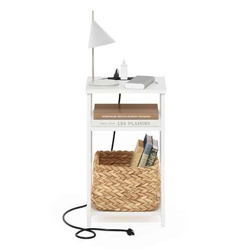 Image of Furinno Moretti 3-Tier USB and Type-C Charging Port Open Storage Side Table with Metal Frame, White /White