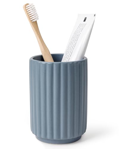 ANTIS'S HOME Ceramic Toothbrush Holder for Bathroom, 400ml Blue Stripe Design Toothbrush Cup, Modern Reusable Makeup Brush & Pen Organizer for Countertop Storage