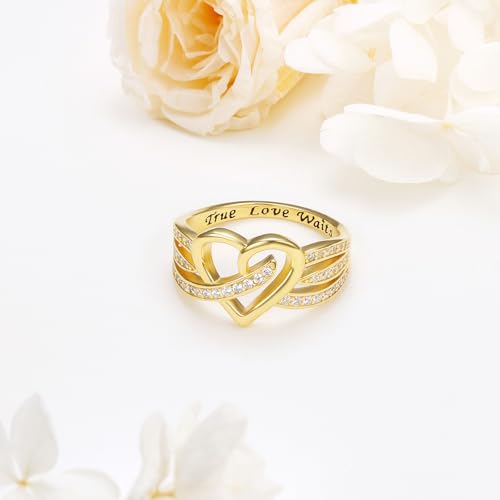 DAOCHONG 18K Gold Plated 925 Sterling Silver Rings Eternity Band for Women Ladies Gold Heart Ring Cubic Zirconia Heart Ring Dainty Stackable Jewelry on Anniversary4
