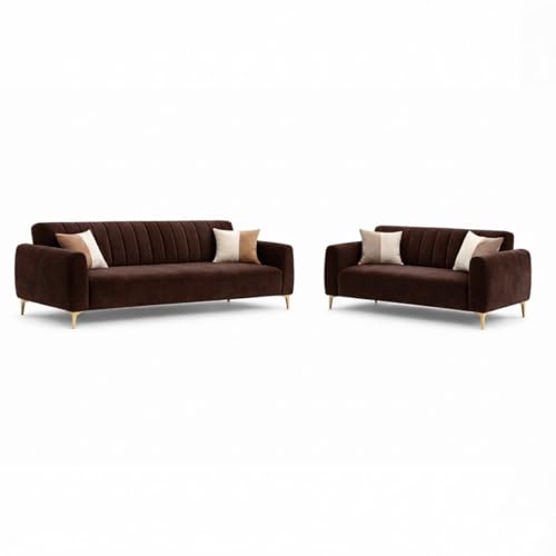 Image of Habibi Rich Velvet Suede 3+2 Seater Sofa Set | Spacious Soft Touch Comfort Seating | 5 Person Seating | Modern Living Room Sofa Set (Dark Brown)