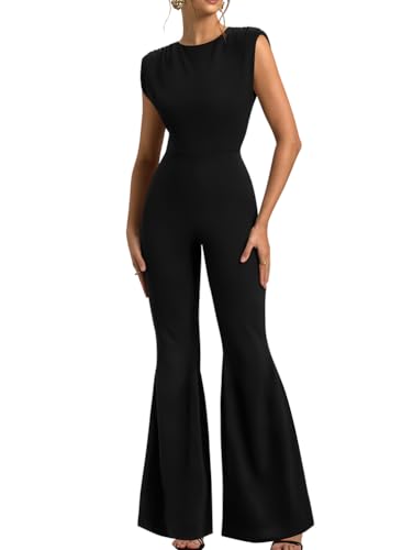 XXTAXN Women’s Sexy Sleeveless Crew Neck Cocktail Curvy Dressy Wide Leg Jumpsuit Black