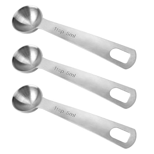 Tinoaly 3pcs 5 ml 1 Tsp Measuring Spoon, 5ml 1Tsp Stainless Steel Table Scoops with Hanging Hole Precise Scale Easy to Wash Metal tablespoon & teaspoon Kitchen Gadgets for Cooking Coffee Tea Spices