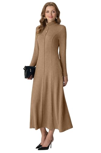 GRECERELLE Women's 2025 Fall Winter Casual Mock Neck Long Sleeve Flared Maxi Sweater Dress with Pockets (XS - 3XL)