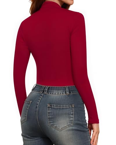 Image of Mangopop Women' Long Sleeve Ribbed Bodysuit Jumpsuits