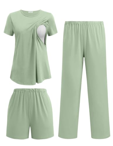 Ekouaer 3 Piece Maternity Pajamas Set Postpartum Nursing Short Sleeve Breastfeeding Sleepwear Pregnancy Shorts & Pants Pjs Light Green XL