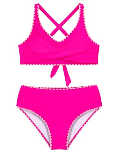HOZIY Bathing Suits for Girls 10-12 Tween Crisscross Tie Back Bikini Sets Teen Juniors 2 Piece Adjustable Straps Swimsuit Hot Pink Kids Swimwear