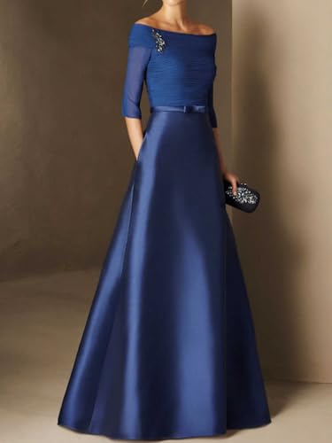 A-Line Elegant Evening Dresses Boat Neck Zipper Back Floor Length Satin Prom Dresses with Pleats 20242