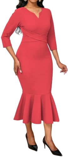 Image of Elegant Dress for Women Sexy V Neck Long Sleeve Bodycon Midi Fishtail Dresses