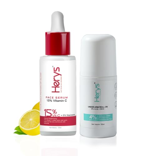 Image of Herys 15% Vitamin C Serum for Glowing Skin | 30ml + 4% Aha Bha Underarm Roll On | 50Ml