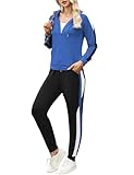 Marvmys Women's 2 Piece Tracksuit Set Full Zip-Up Hoddie Sweatsuits Color Block Jogging Suits Blue L