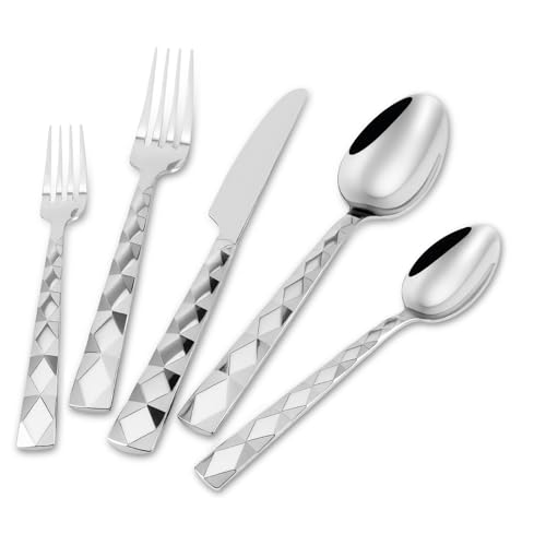 DEACORY Silverware Set, Luxury 18/10 Stainless Steel Diamond Cut Pattern Flatware Set, 5-Piece Mirror Finish Cutlery for Kitchen, Home, Wedding and Party, Dishwasher Safe, Service for 1