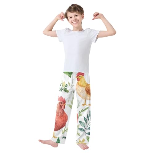 Watercolor Rooster Floral Boys Long Pants Soft Trousers Elastic Waist Kids Lounge Bottoms with Pockets S-XL2