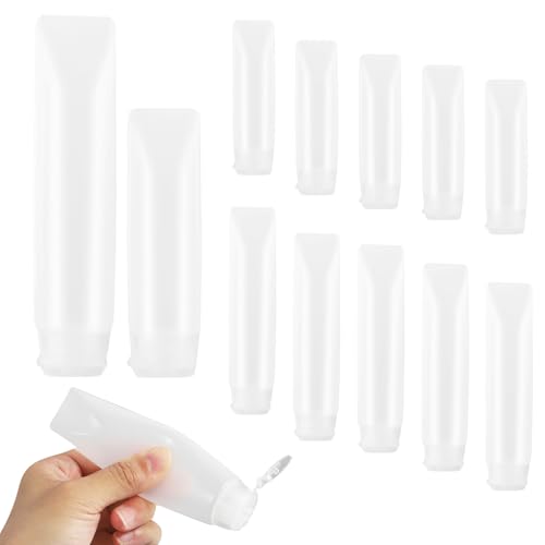 12 Pcs PE Empty Travel Size Bottles, 1oz and 1.7oz Refillable Squeeze Tubes Container for Shampoo Toothpaste Body Lotion Facial Cleanser
