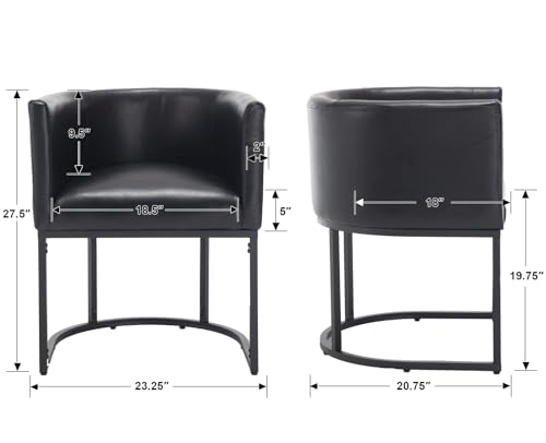 Image of HNY Mid Century Modern Upholstered Barrel Black Dining Chair with Arms, Leather Kitchen & Dining Room Chair, 18.5 inch Wide Accent Chair for Dining Room Living Room with Black Metal Frame