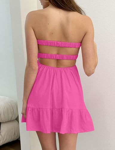 Image of Meladyan Women's Twist Knot Bandeau Tube Dress Solid Strapless Backless Mini Dresses Summer Hollow Ruffle Beach Dress